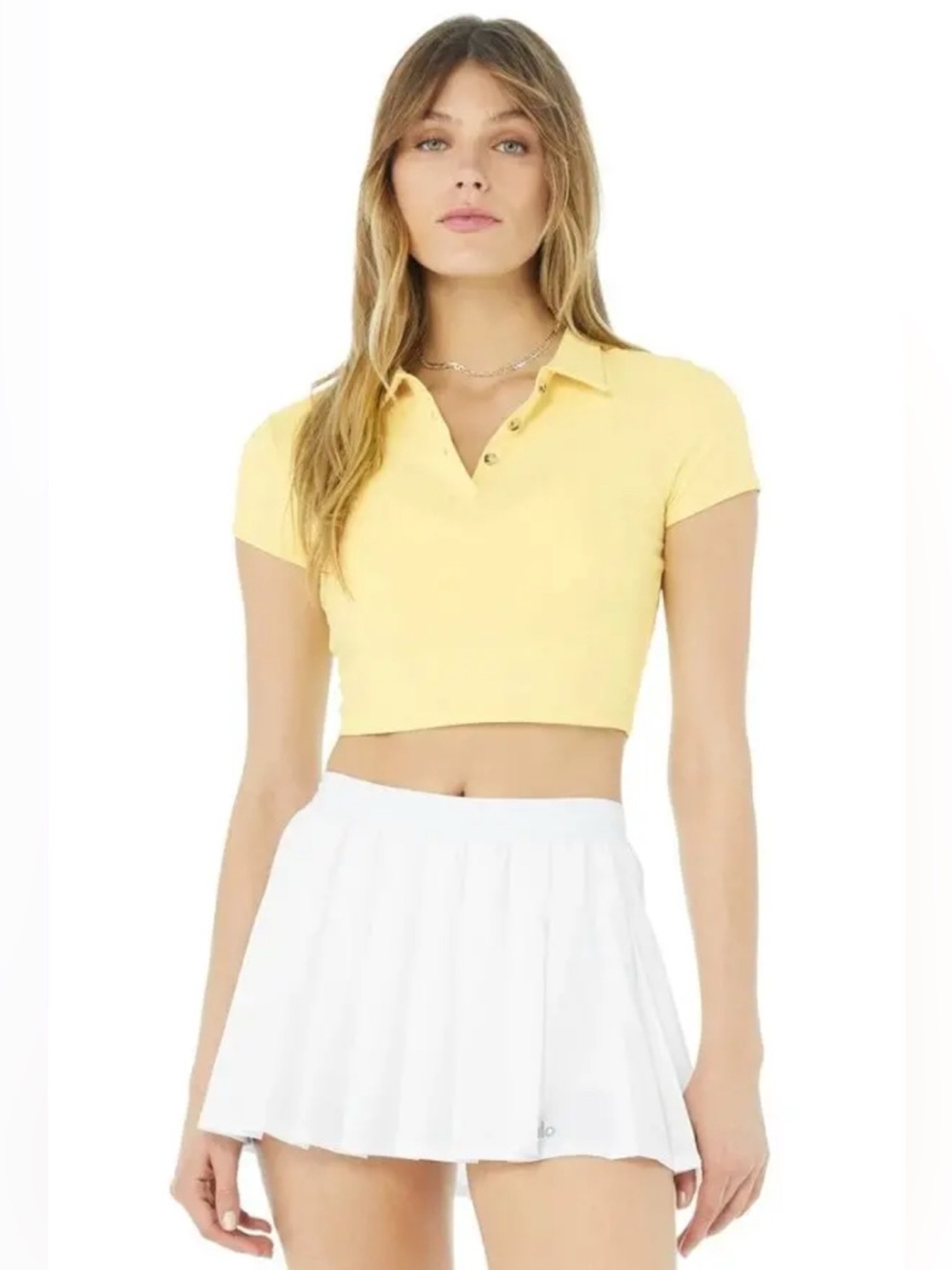 Alo Yoga Cropped Buttercup Yellow Polo Top with Short Sleeves size Small
